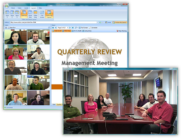 This screenshot shows live sharing with mixed desktop webcam and conference room HD video.